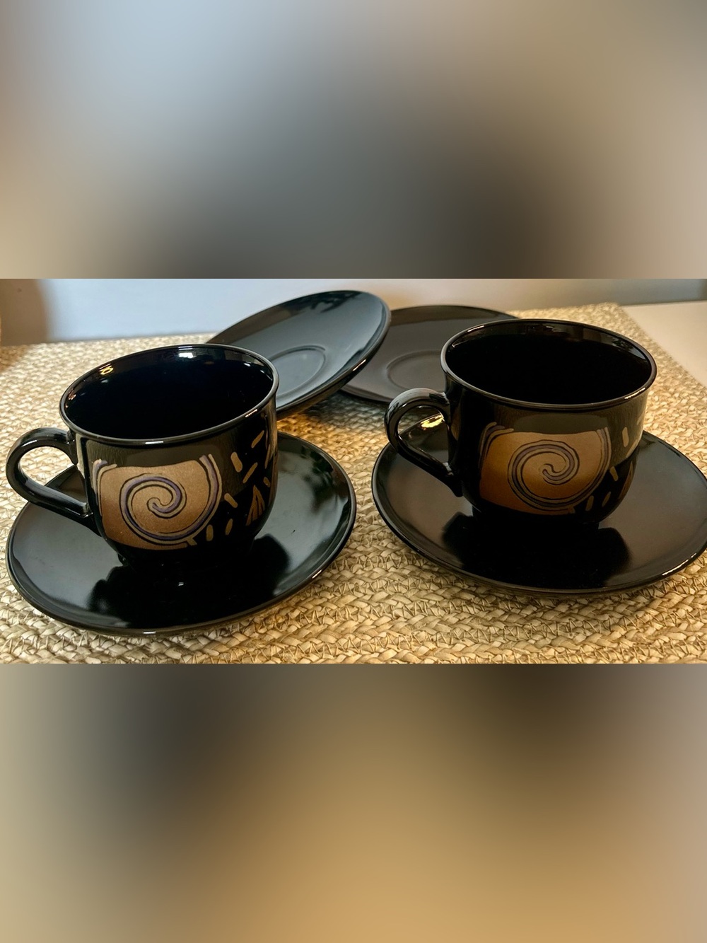 Arcoroc France Tampico Black Coffee Cups and Saucers Vintage